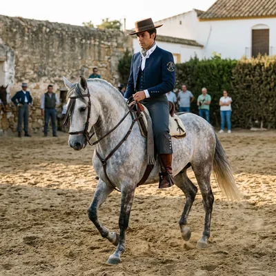 Jinete de doma vaquera con traje corto campero