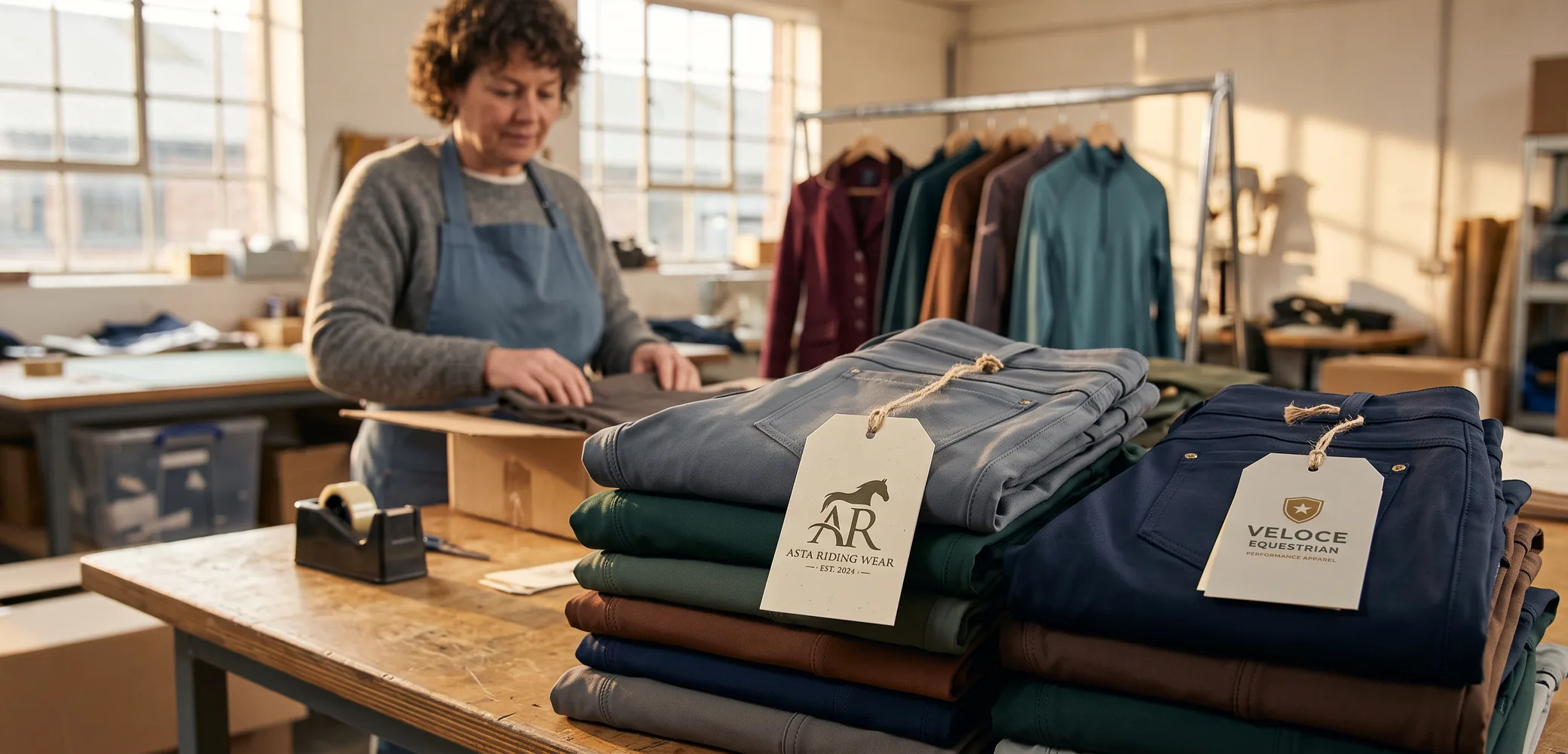 Pantalones de montar doblados con etiqueta de marca sobre la mesa de embalaje