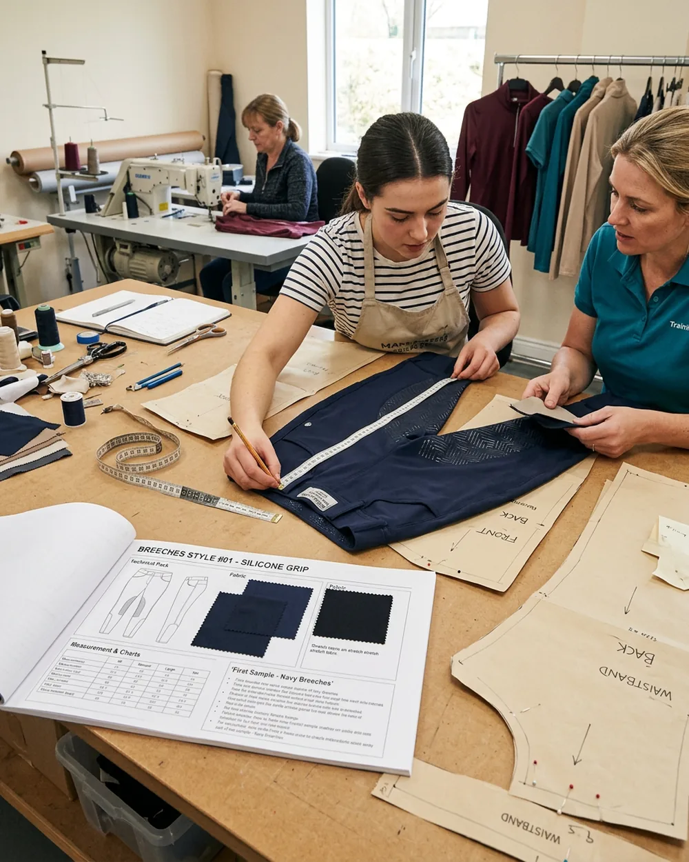Ficha técnica, patrones de papel y muestra de pantalón de montar sobre la mesa de desarrollo