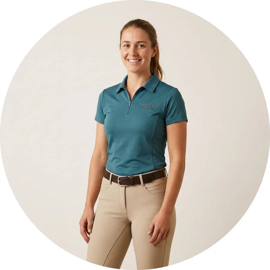 Amazona con pantalón de montar de culera completa y polo técnico
