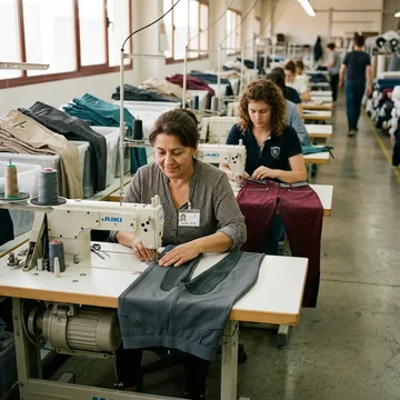 Línea de costura confeccionando pantalones de montar