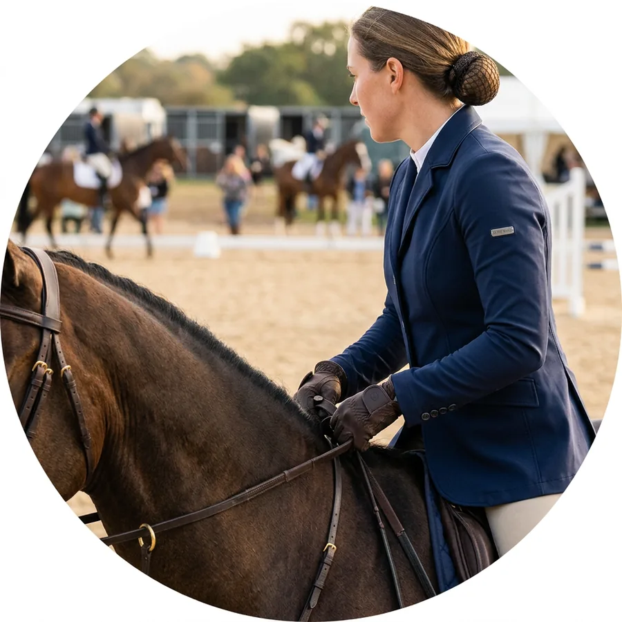 Jinete con guantes de equitación sujetando las riendas