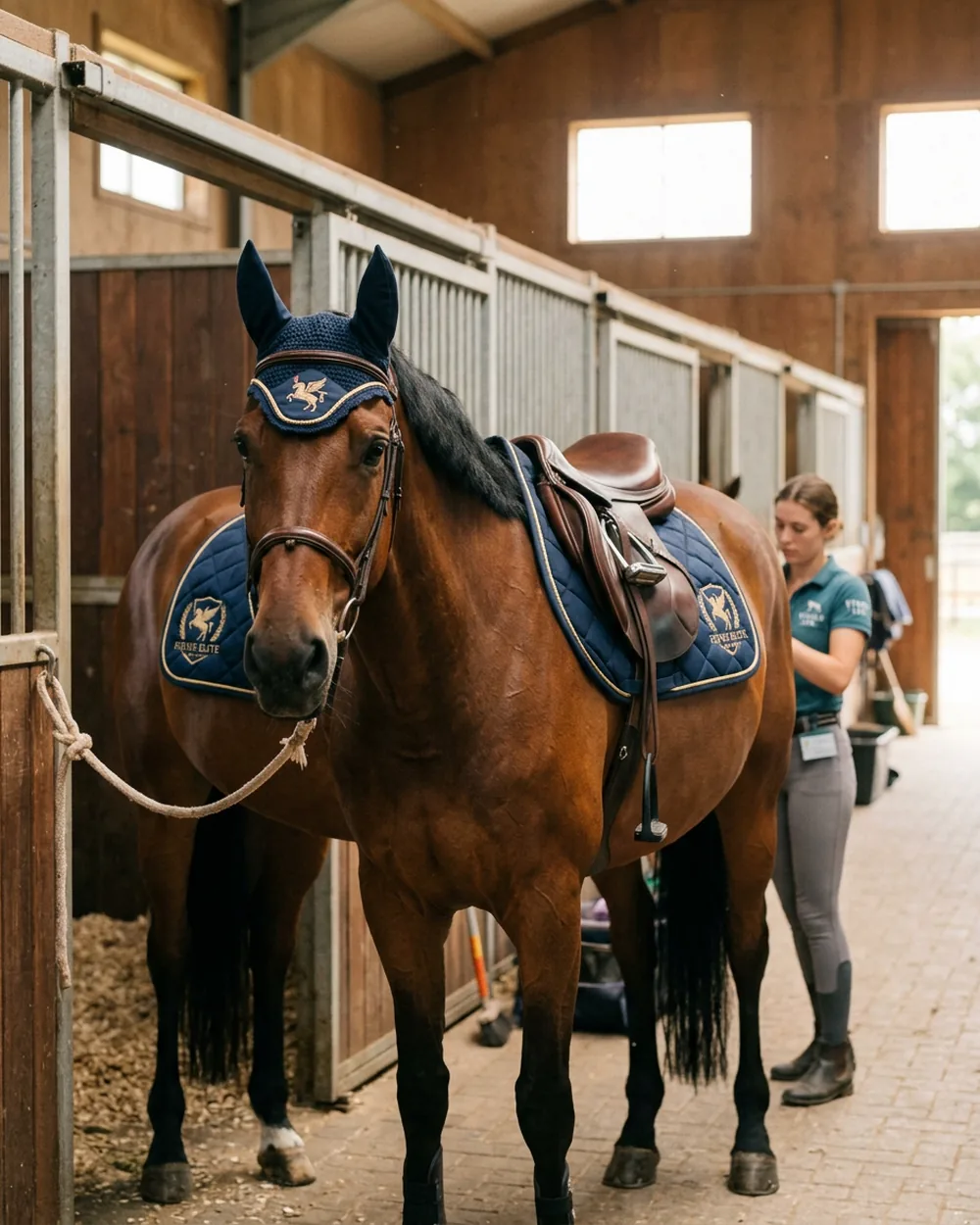 Caballo con sudadero bordado y orejeras a juego en la cuadra