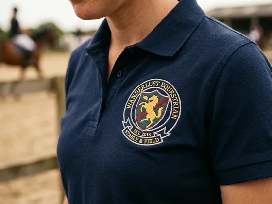Escudo bordado en el pecho de un polo de club