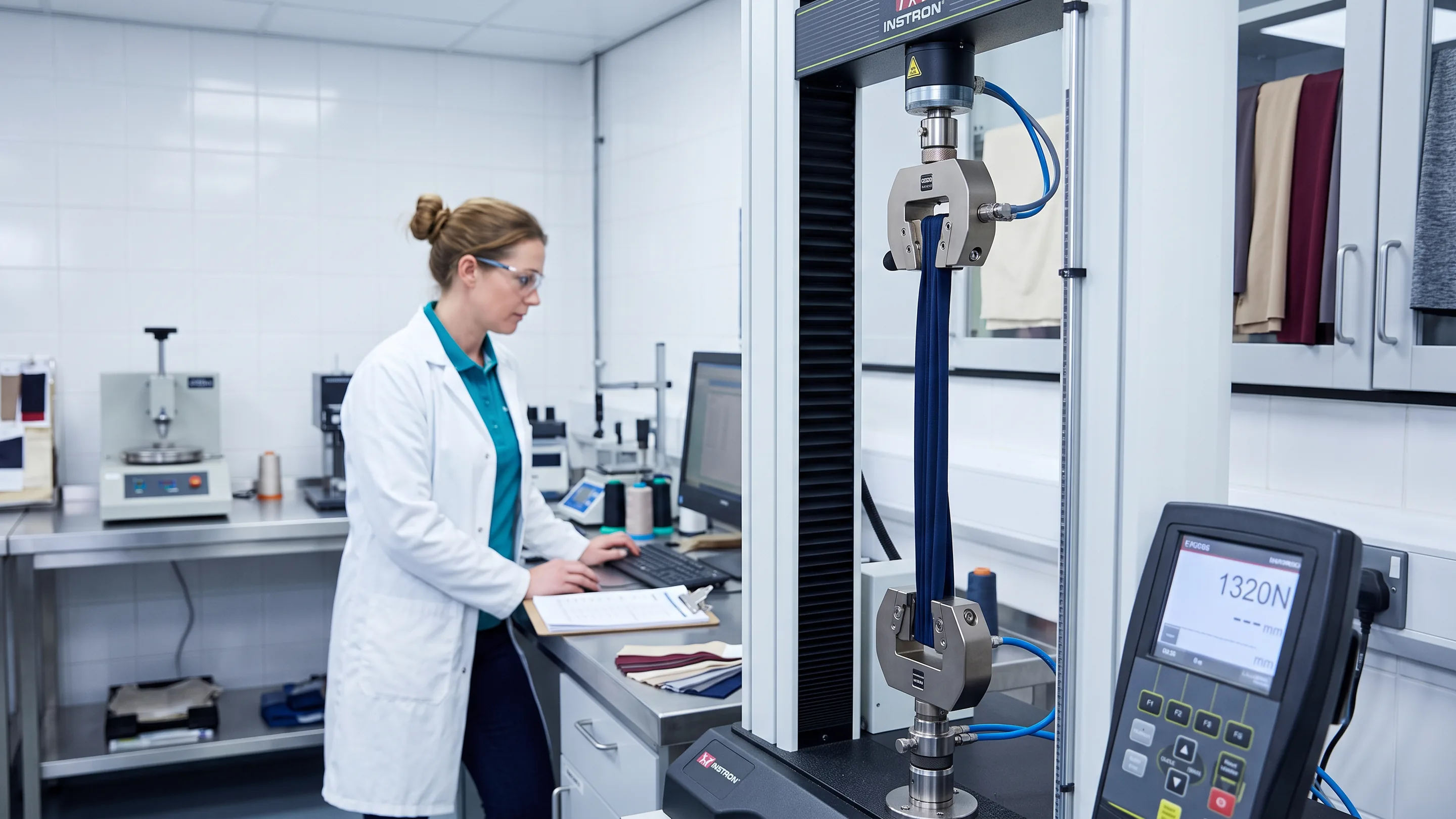 Laboratorio textil con un equipo de pruebas sobre un tejido elástico
