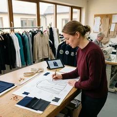 Diseñadora dibujando la ficha técnica de una chaqueta de concurso