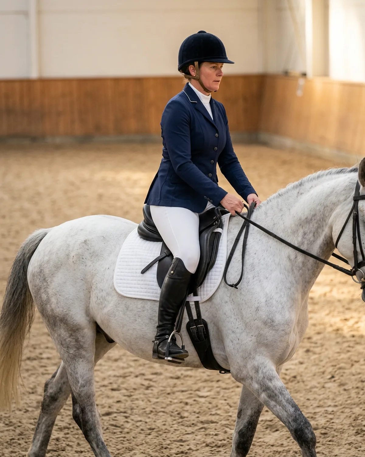 Jinete sentado en la silla al trote, de perfil, con pantalón de montar blanco, chaqueta azul marino y botas altas sobre un caballo tordo