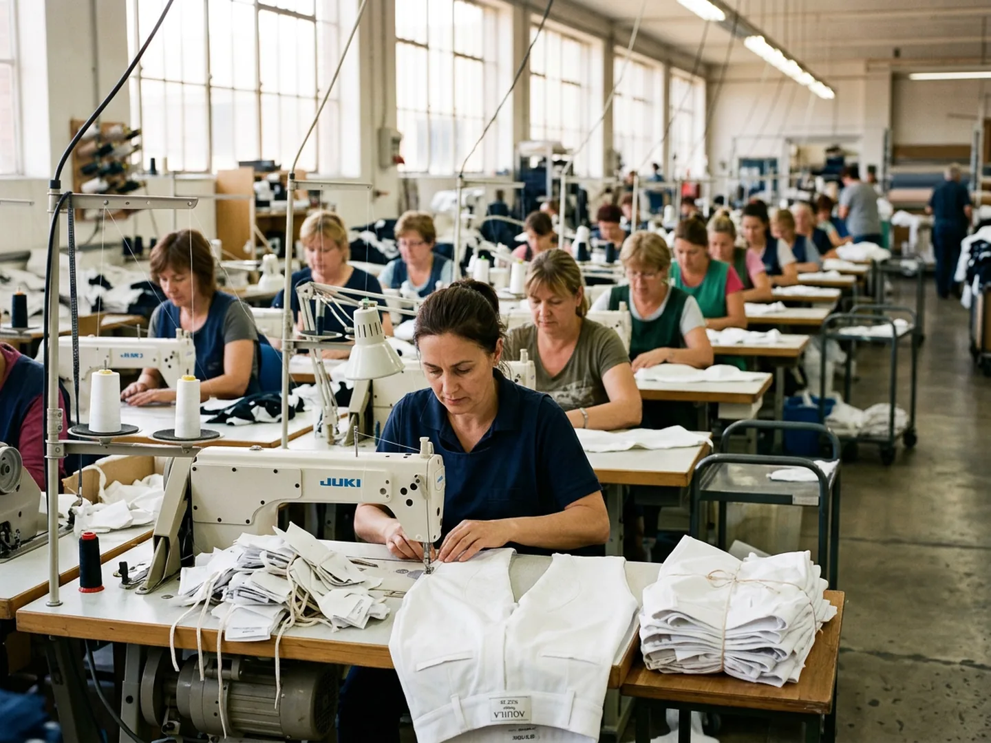 Línea de confección cosiendo pantalones de montar blancos