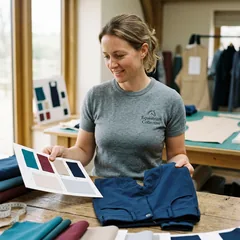 Responsable de producto de una marca ecuestre con una muestra de pantalón