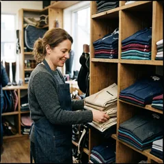 Tienda hípica con pantalones de montar y polos en los estantes
