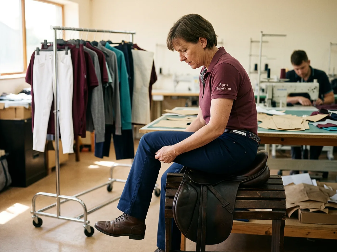 Pantalón de pierna recta sentado: tela acumulada delante de la rodilla