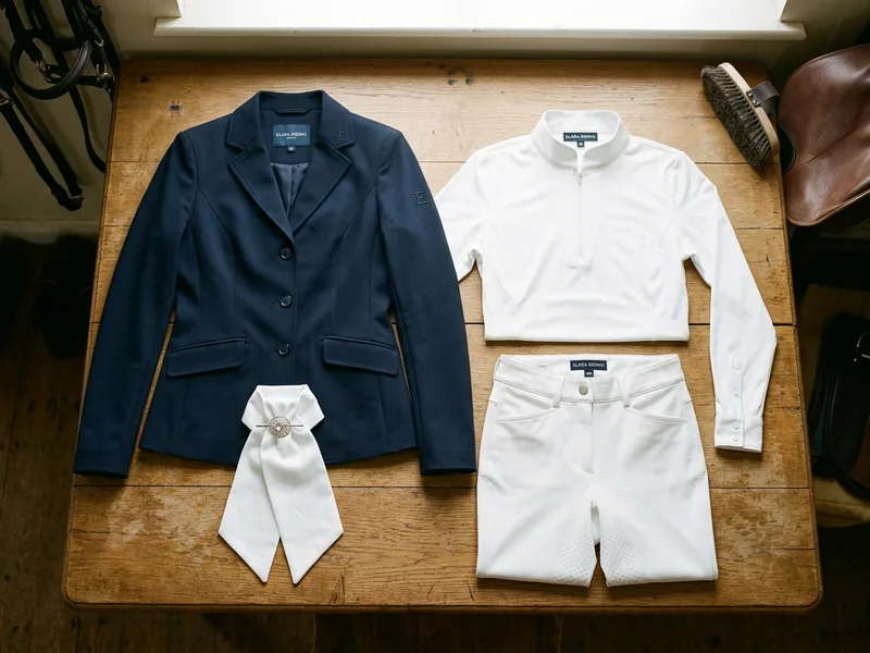 Conjunto de concurso de doma: pantalón blanco, camisa y plastrón
