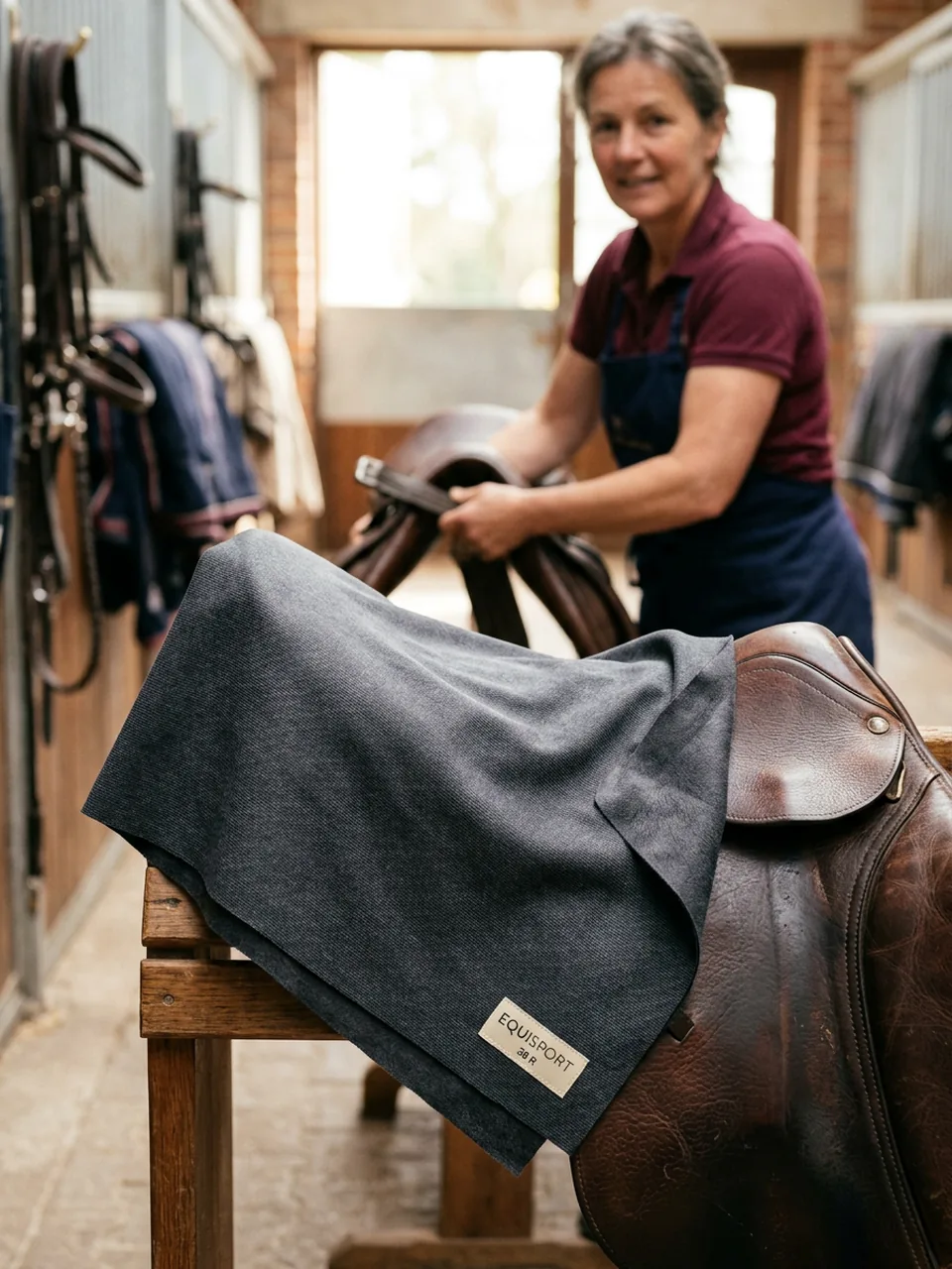 Tejido elástico de pantalón de montar sobre una silla de cuero
