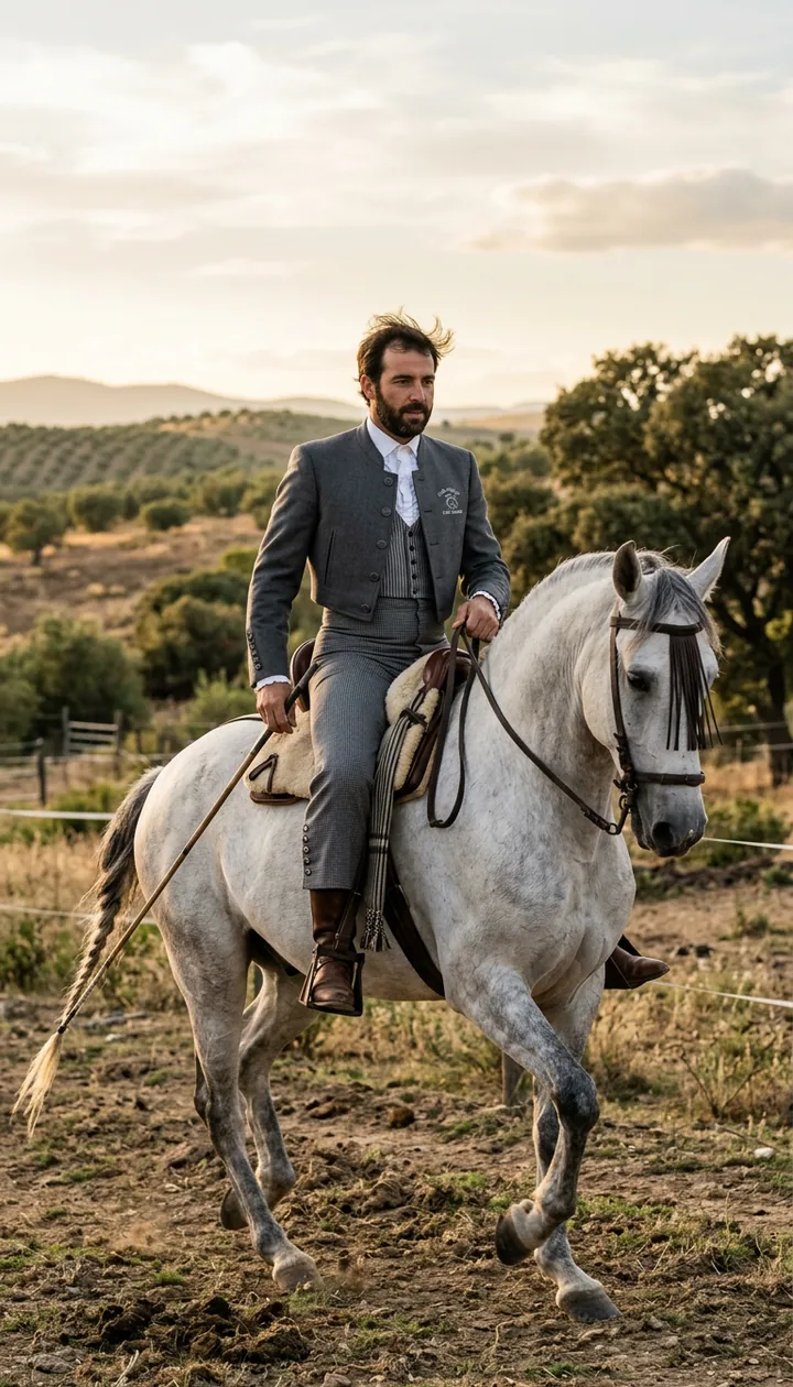 Jinete de doma vaquera con traje corto campero sobre un caballo español