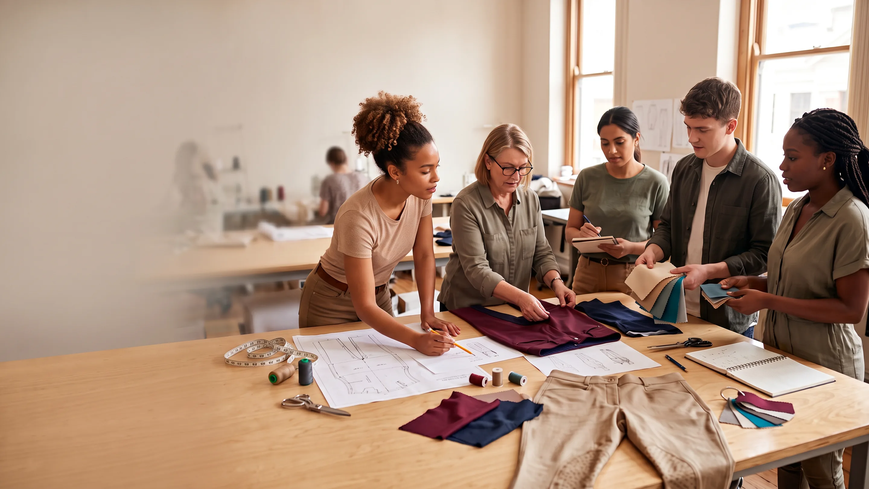 Equipo de desarrollo revisando patrones de pantalones de montar